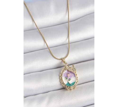 316L Çelik Gold Renk Zincir Mix Renk Mineli Çiçek İşlemeli Zirkon Taş Detaylı Portre Model Kadın Kolye - TJ-BKO10184