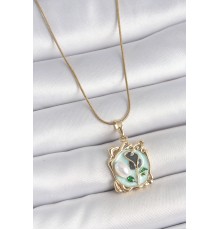 316L Çelik Gold Renk Zincir Mavi Mineli Çiçek İşlemeli İnci Detay Portre Model Kadın Kolye - TJ-BKO10186