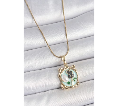 316L Çelik Gold Renk Zincir Mavi Mineli Çiçek İşlemeli İnci Detay Portre Model Kadın Kolye - TJ-BKO10186
