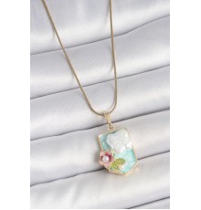316L Çelik Gold Renk Zincir Mavi Mineli İncili Çiçek İşlemeli Portre Model Kadın Kolye - TJ-BKO10187