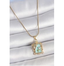 316L Çelik Gold Renk Zincir Mavi Mineli Çiçek İşlemeli Zirkon Taşlı Detay Portre Model Kadın Kolye - TJ-BKO10189