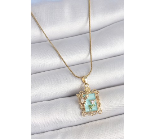 316L Çelik Gold Renk Zincir Mavi Mineli Çiçek İşlemeli Zirkon Taşlı Detay Portre Model Kadın Kolye - TJ-BKO10189