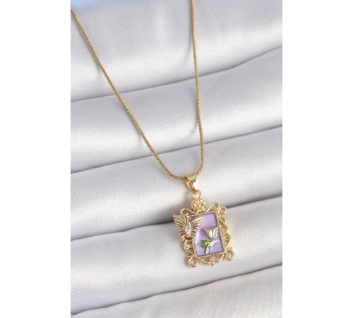 316L Çelik Gold Renk Zincir Mor Mineli Çiçek İşlemeli Zirkon Taşlı Detay Portre Model Kadın Kolye - TJ-BKO10190