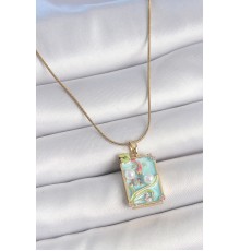 316L Çelik Gold Renk Zincir Mavi Mineli İncili Çiçek İşlemeli Portre Model Kadın Kolye - TJ-BKO10191