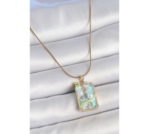 316L Çelik Gold Renk Zincir Mavi Mineli İncili Çiçek İşlemeli Portre Model Kadın Kolye - TJ-BKO10191