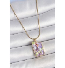 316L Çelik Gold Renk Zincir Mor Mineli İncili Çiçek İşlemeli Portre Model Kadın Kolye - TJ-BKO10192