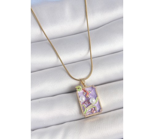 316L Çelik Gold Renk Zincir Mor Mineli İncili Çiçek İşlemeli Portre Model Kadın Kolye - TJ-BKO10192