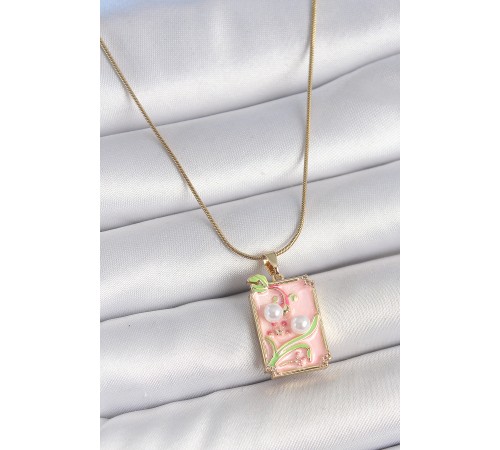 316L Çelik Gold Renk Zincir Pembe Mineli İncli Çiçek İşlemeli Portre Model Kadın Kolye - TJ-BKO10193