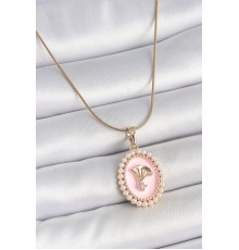 316L Çelik Gold Renk Zincir Pembe Mineli İncli Zirkon Taşlı Çiçek İşlemeli Portre Model Kadın Kolye - TJ-BKO10194