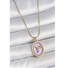 316L Çelik Gold Renk Zincir Mor Mineli İncili Zirkon Taşlı Çiçek İşlemeli Portre Model Kadın Kolye - TJ-BKO10195