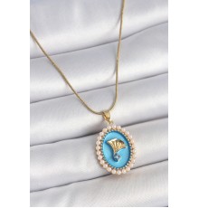 316L Çelik Gold Renk Zincir Mavi Mineli İncili Zirkon Taşlı Çiçek İşlemeli Portre Model Kadın Kolye - TJ-BKO10196