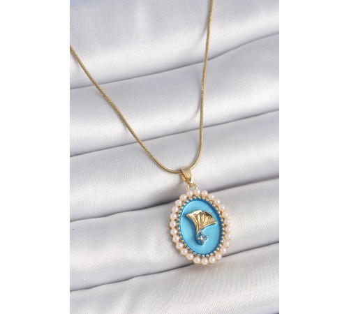 316L Çelik Gold Renk Zincir Mavi Mineli İncili Zirkon Taşlı Çiçek İşlemeli Portre Model Kadın Kolye - TJ-BKO10196