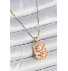 316L Çelik Gold Renk Zincir Pembe Mineli İncli Papatya Model Portre Model Kadın Kolye - TJ-BKO10197