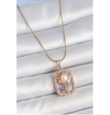 316L Çelik Gold Renk Zincir Mor Mineli İncili Papatya İşlemeli Portre Model Kadın Kolye - TJ-BKO10198