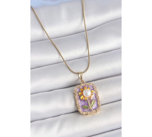 316L Çelik Gold Renk Zincir Mor Mineli İncili Papatya İşlemeli Portre Model Kadın Kolye - TJ-BKO10198