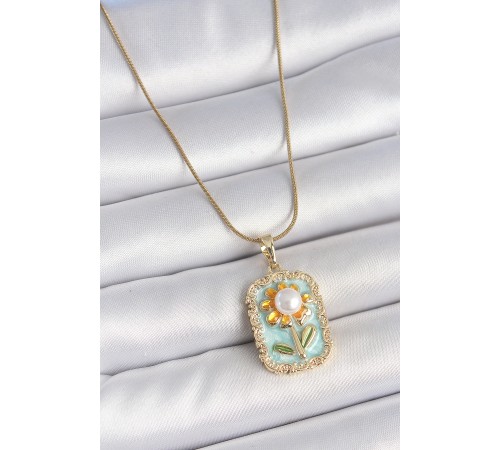 316L Çelik Gold Renk Zincir Mavi Mineli İncili Papatya İşlemeli Portre Model Kadın Kolye - TJ-BKO10199