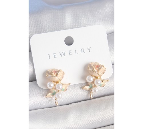 Pirinç Gold Renk Beyaz Mineli İnci Detay Gül Model Kadın Küpe - TJ-BKP10499