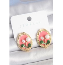 Pirinç Gold Renk Pembe Mineli İncili Çiçek İşlemli Portre Model Kadın Küpe - TJ-BKP10500