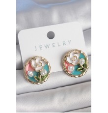 Pirinç Gold Renk Mix Renk Mineli İncili Çiçek İşlemeli Portre Model Kadın Küpe - TJ-BKP10502