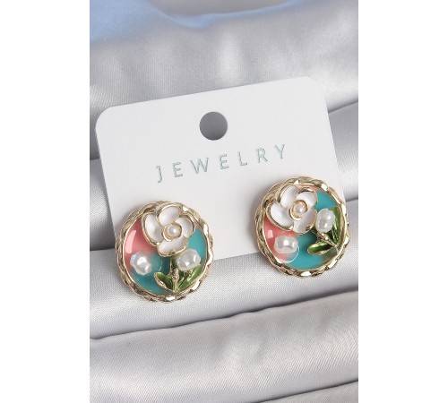 Pirinç Gold Renk Mix Renk Mineli İncili Çiçek İşlemeli Portre Model Kadın Küpe - TJ-BKP10502