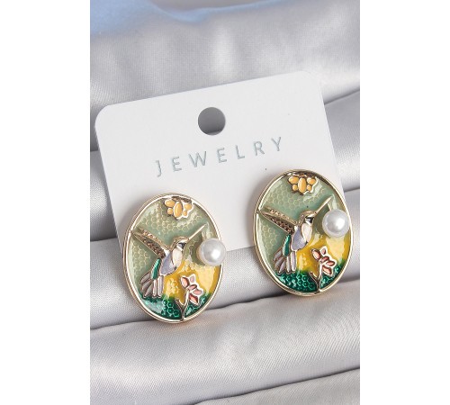 Pirinç Gold Renk Mix Renk Mineli İncili Sinek Kuşu İşlemeli Portre Model Kadın Kolye - TJ-BKP10503