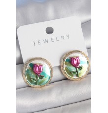 Pirinç Gold Renk Mix Renk Mineli Çiçek İşlemeli Portre Model Kadın Küpe - TJ-BKP10504