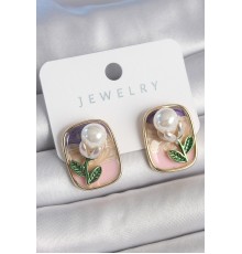 Pirinç Gold Renk Mix Renk Mineli İncili Çiçek Model Portre Model Kadın Küpe - TJ-BKP10505