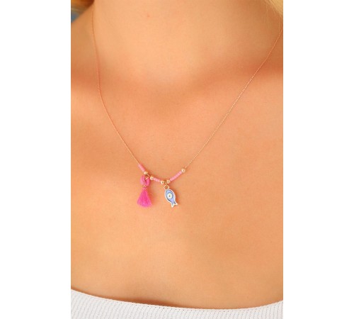 Nazar Boncuklu Pembe Renk Taşlı Rose Bayan Kolye - TJ-BKO4372