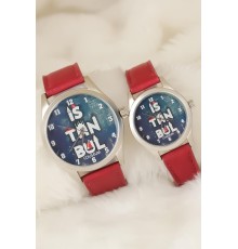 Bordo Renk Deri Kordonlu İstanbul Tasarımlı Sevgili Saatleri - TJ-SGK1367