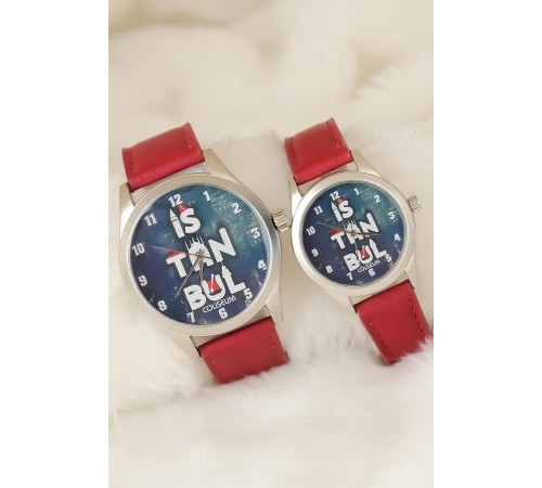 Bordo Renk Deri Kordonlu İstanbul Tasarımlı Sevgili Saatleri - TJ-SGK1367