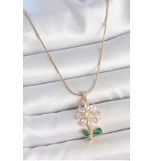 316L Çelik Gold Renk Minimal Topçuk Zincir Zirkon Taşlı Papatya Model Kadın Kolye - TJ-BKO10204