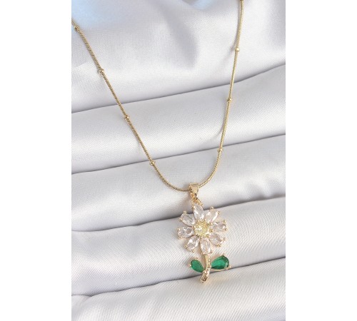 316L Çelik Gold Renk Minimal Topçuk Zincir Zirkon Taşlı Papatya Model Kadın Kolye - TJ-BKO10204