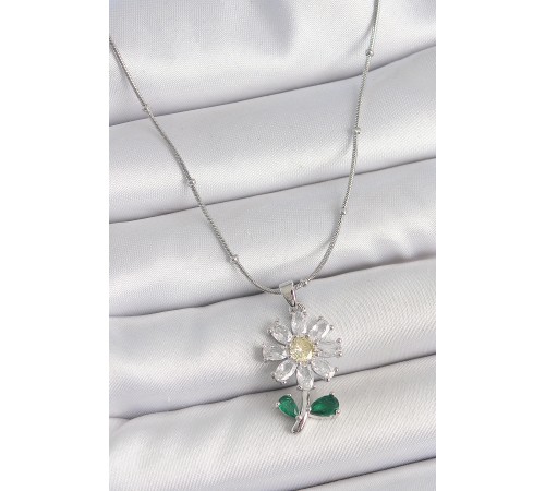 316L Çelik Gümüş Renk Minimal Topçuk Zincir Zirkon Taşlı Papatya Model Kadın Kolye - TJ-BKO10205
