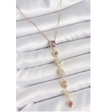 316L Çelik Gold Renk Zincir Zirkon Taşlı Y Model Dekolte Kadın Kolye - TJ-BKO10206