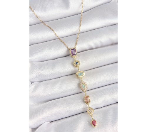 316L Çelik Gold Renk Zincir Zirkon Taşlı Y Model Dekolte Kadın Kolye - TJ-BKO10206