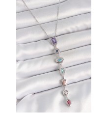 316L Çelik Gümüş Renk Zincir Zirkon Taşlı Y Model Dekolte Kadın Kolye - TJ-BKO10207