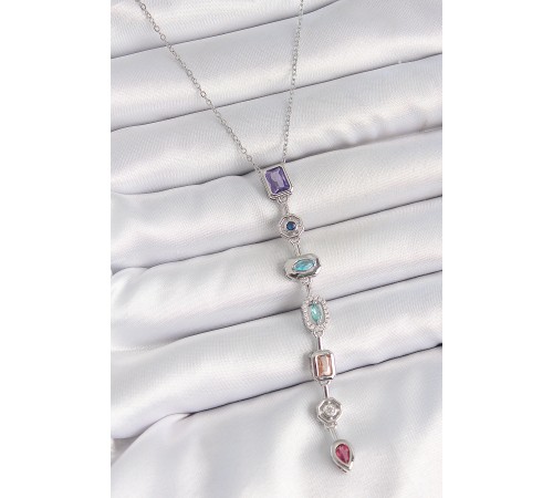 316L Çelik Gümüş Renk Zincir Zirkon Taşlı Y Model Dekolte Kadın Kolye - TJ-BKO10207