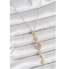 316L Çelik Gold Renk Zincir Zirkon Taşlı Pembe Mineli Y Model Dekolta Kadın Kolye - TJ-BKO10208