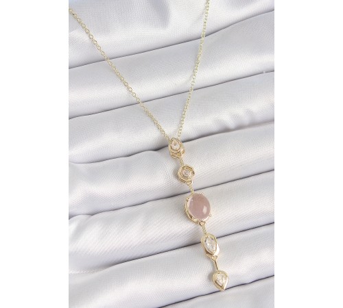 316L Çelik Gold Renk Zincir Zirkon Taşlı Pembe Mineli Y Model Dekolta Kadın Kolye - TJ-BKO10208