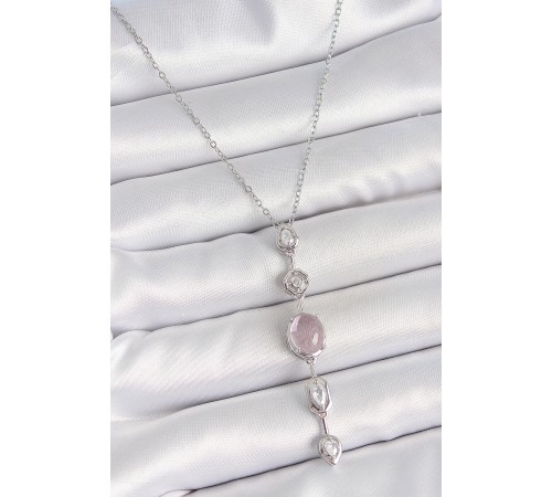 316L Çelik Gümüş Renk Zincir Zirkon Taşlı Pembe Sedefli Y Model Dekolte Kadın Kolye - TJ-BKO10209