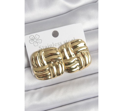 316 Çelik Gold Renk İşlemeli Kare Plaka Model Kadın Küpe - TJ-BKP10521