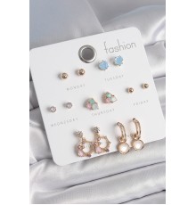 Pirinç Gold Renk Zirkon Taşlı Sallantı Halka Figür Kalp Detay 7 Çift Kadın Küpe - TJ-BKP10533