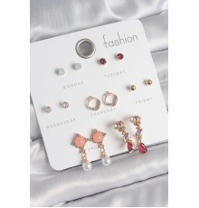 Pirinç Gold Renk Zirkon Taşlı Sallantı İnci Detay 7 Çift Kadın Küpe - TJ-BKP10534