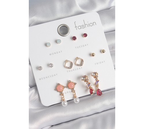 Pirinç Gold Renk Zirkon Taşlı Sallantı İnci Detay 7 Çift Kadın Küpe - TJ-BKP10534