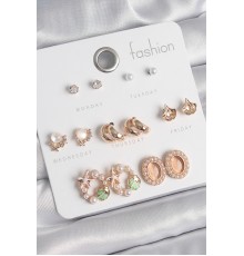 Pirinç Gold Renk Zirkon Taşlı Halka Deniz Yıldızı Figür İnci Detay 7 Çift Kadın Küpe Seti - TJ-BKP10535