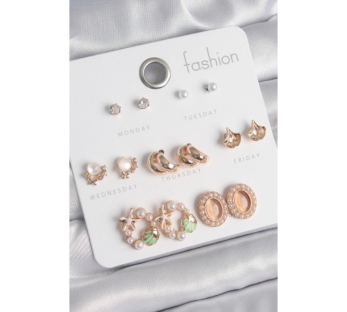 Pirinç Gold Renk Zirkon Taşlı Halka Deniz Yıldızı Figür İnci Detay 7 Çift Kadın Küpe Seti - TJ-BKP10535