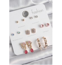 Pirinç Gold Renk Zirkon Taşlı Çiçek Figür İncili Halka Figür 7 Çift Kadın Küpe Seti - TJ-BKP10537