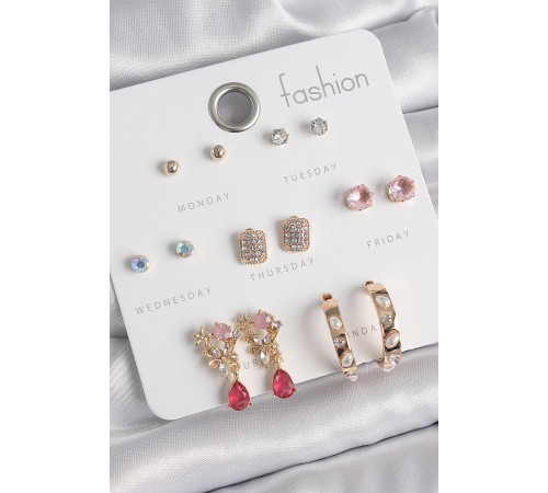 Pirinç Gold Renk Zirkon Taşlı Çiçek Figür İncili Halka Figür 7 Çift Kadın Küpe Seti - TJ-BKP10537