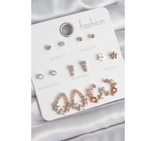 Pirinç Gold Renk Zirkon Taşlı Damla Model Yıldız Detaylı 7 Çift Kadın Küpe Seti - TJ-BKP10538