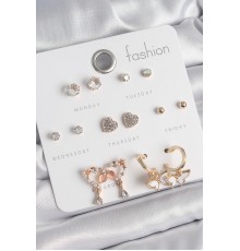 Pirinç Gold Renk Zirkon Taşlı Sallantılı Kalp Figür Detay 7 Çift Kadın Küpe Seti - TJ-BKP10539